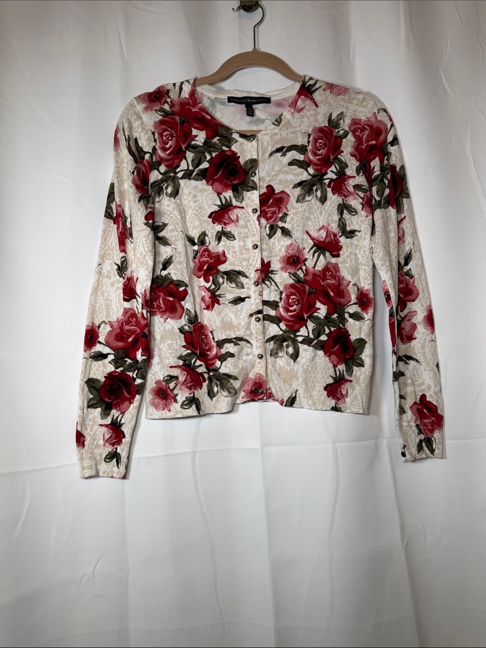 White House Black Market Cream Cardigan with Red Rose Print